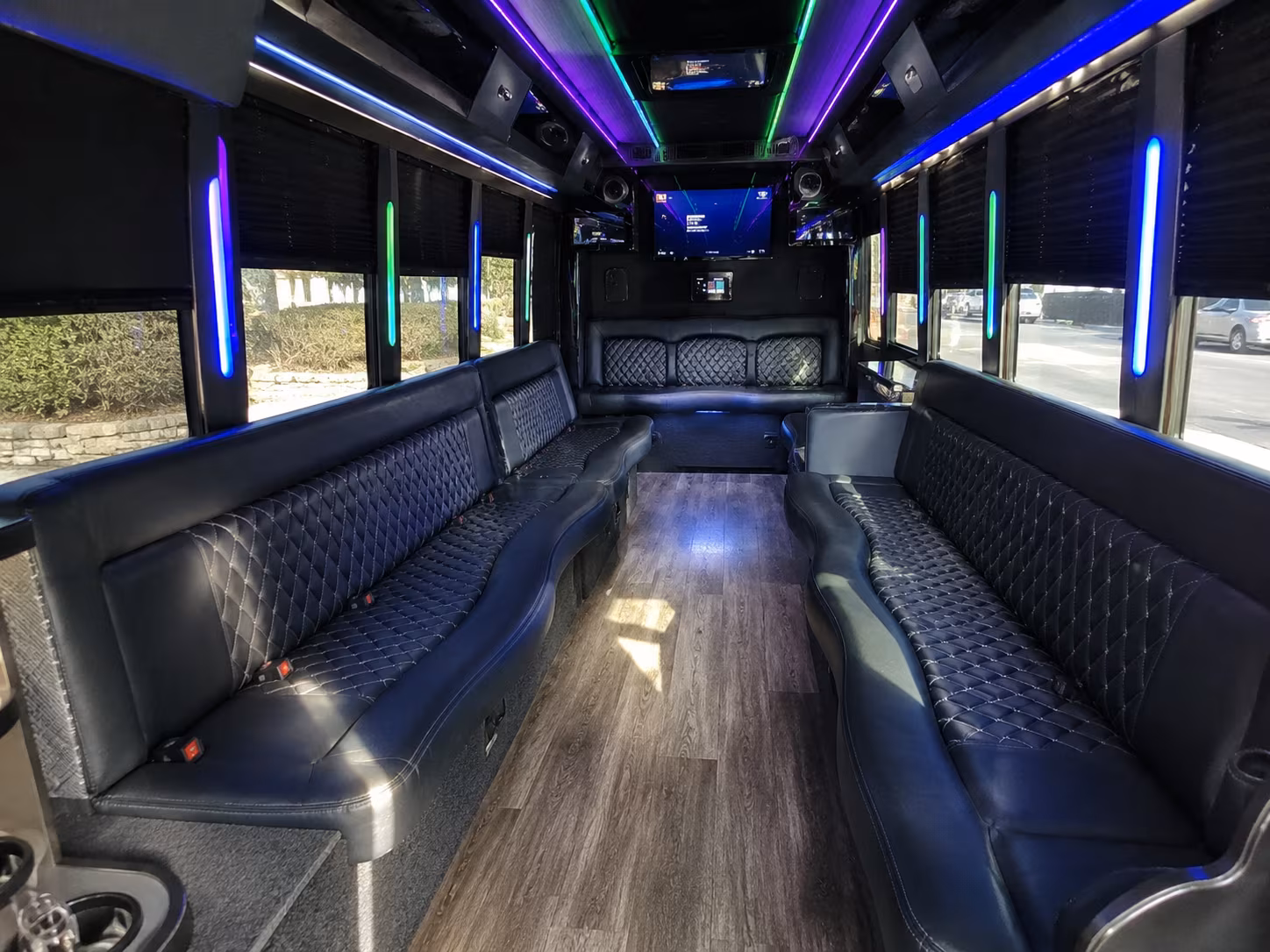 Interior of a party bus rental serving Fort Worth